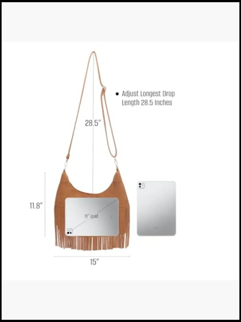 Fringe Hobo Crossbody Bag Vegan Suede Western Crescent Purse Hippie Shoulder - Picture 5 of 6